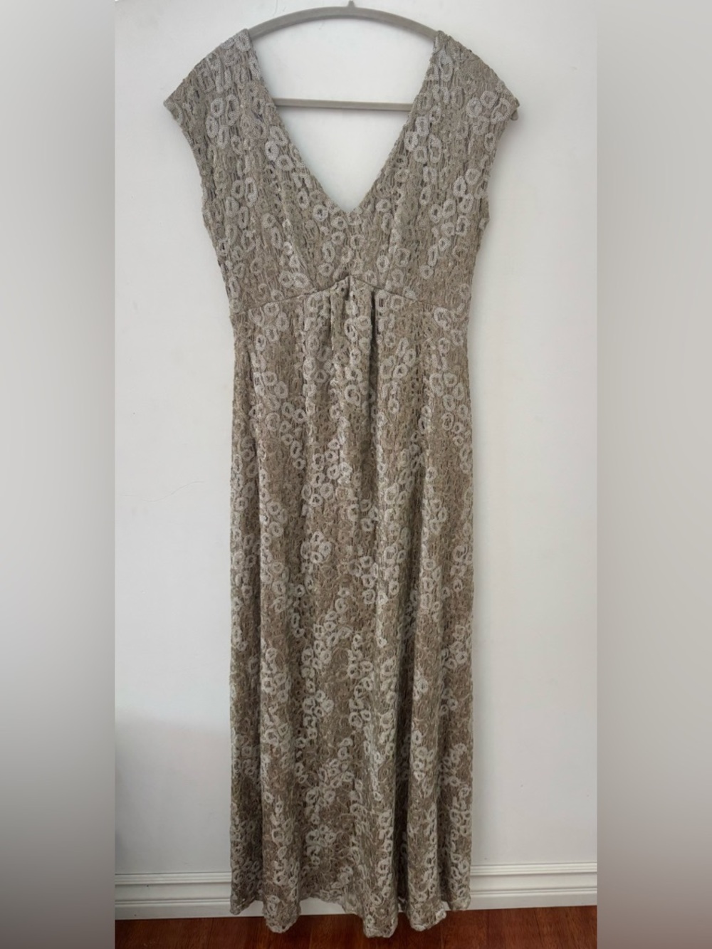 Tiffany Rose Maternity Evening Gown in Beaded Sparkly Taupe and Cream